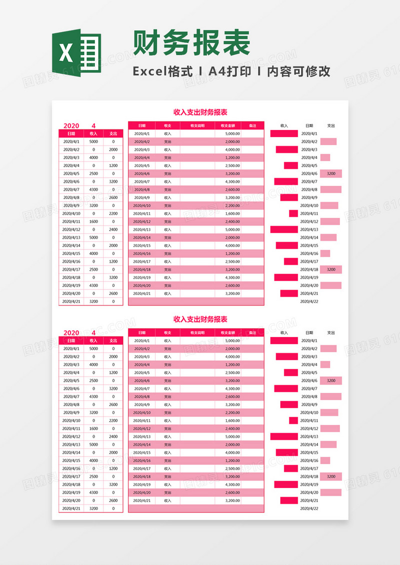 简约收入支出财务报表excel模板