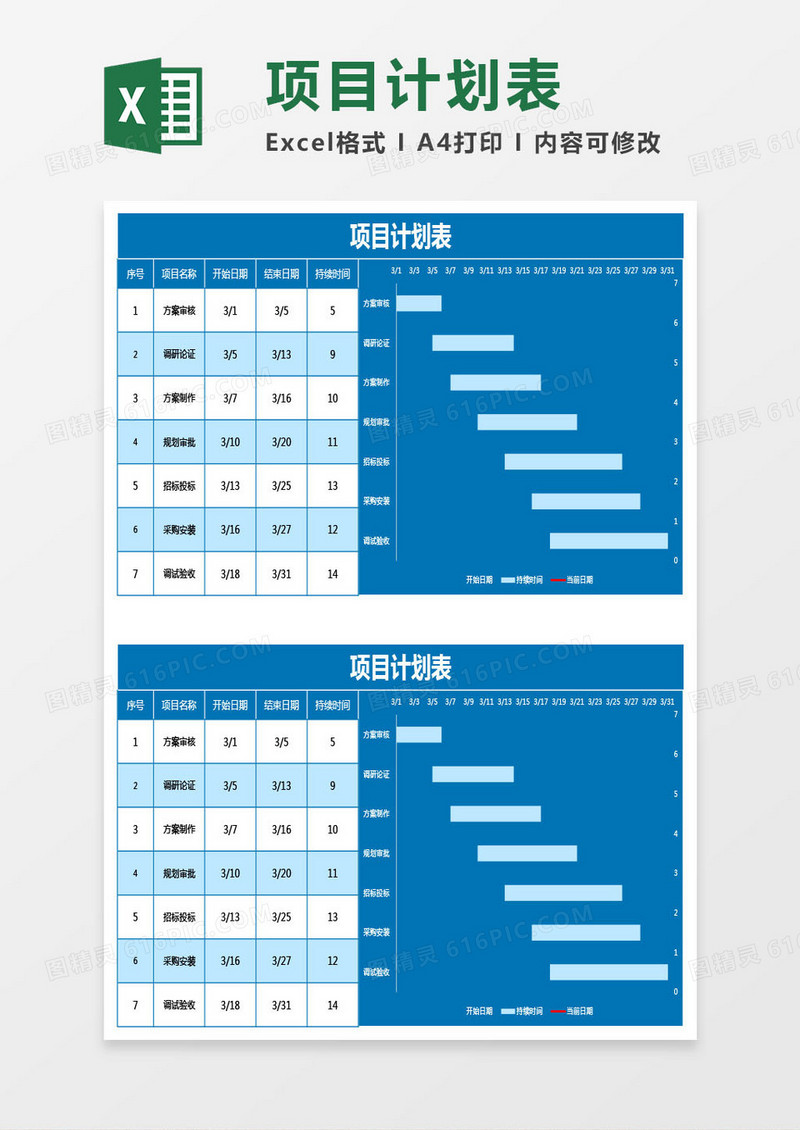 蓝绿色项目计划表excel模板