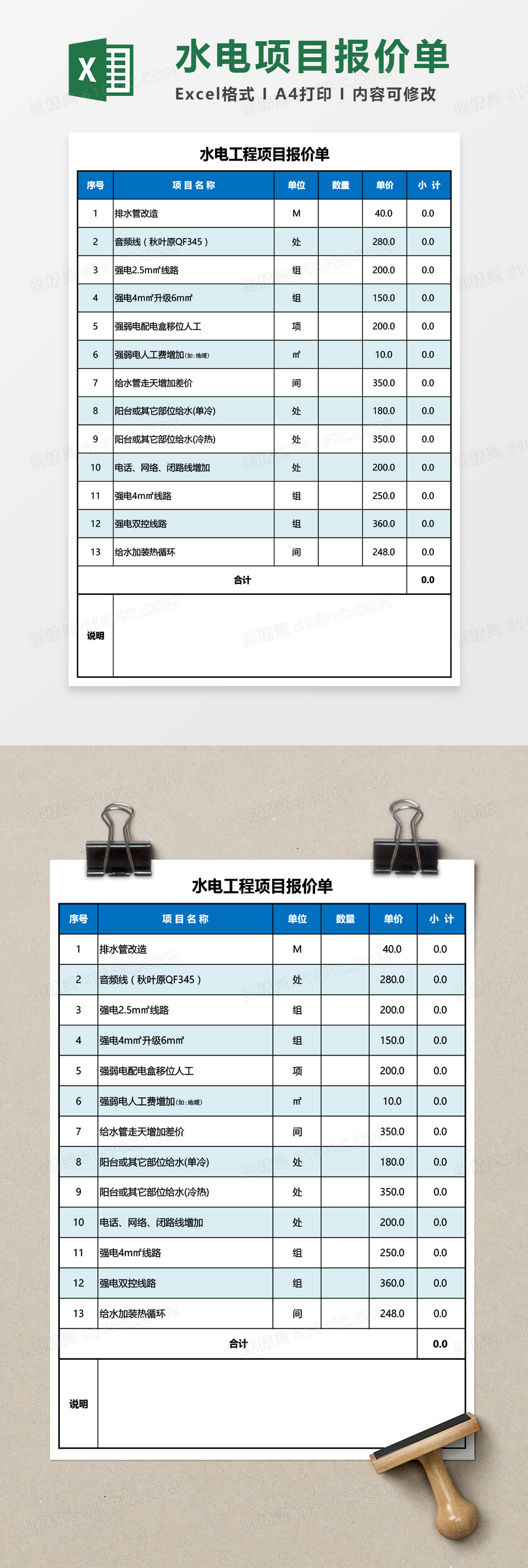 水电工程项目报价单Excel模板