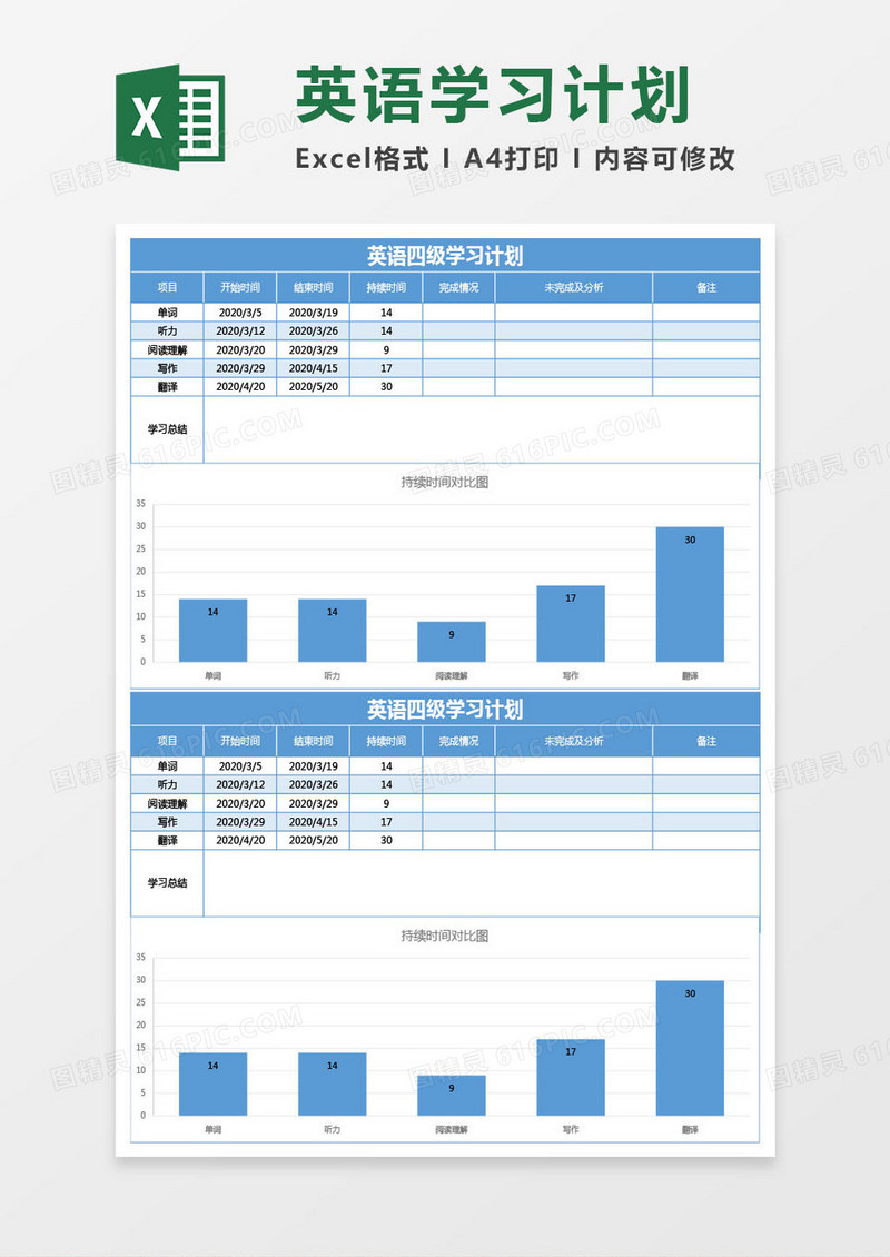 蓝色英语四级学习计划excel模板