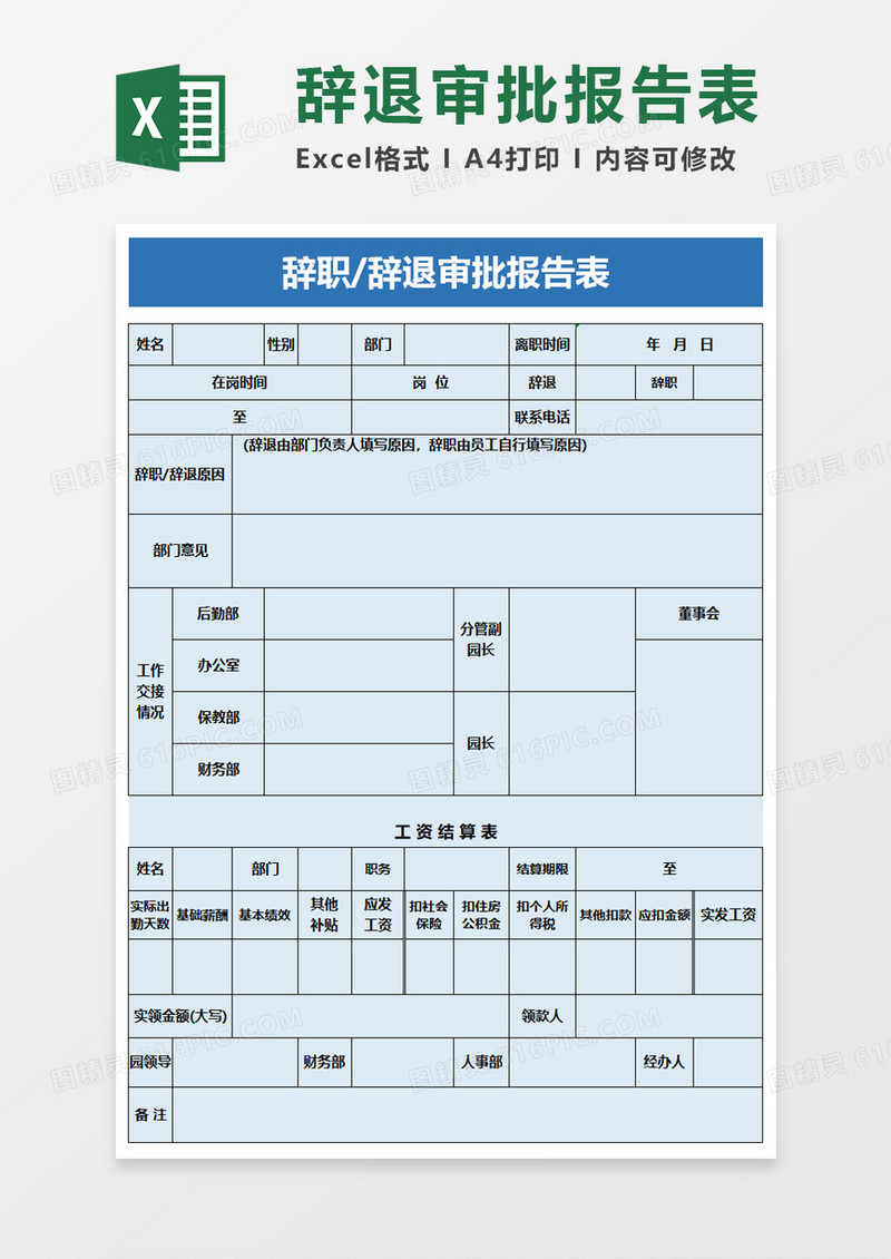 辞职辞退审批报告表excel模板
