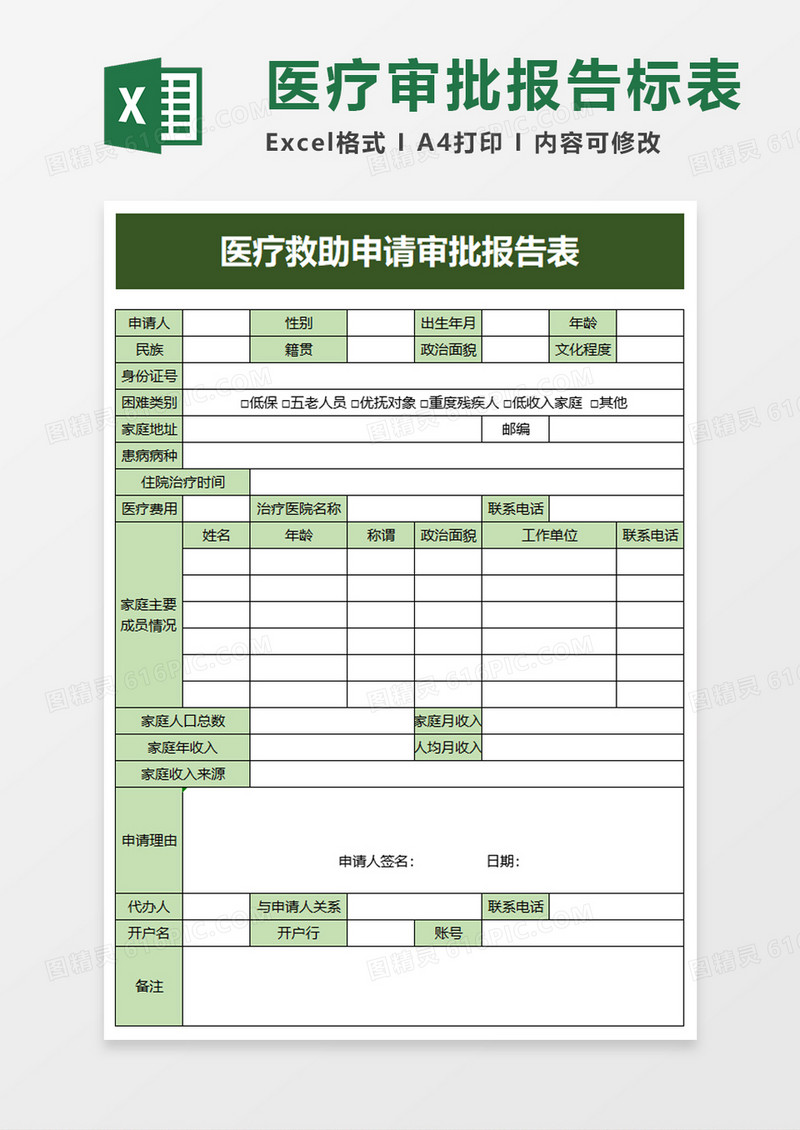 医疗救助申请审批报告表excel模板