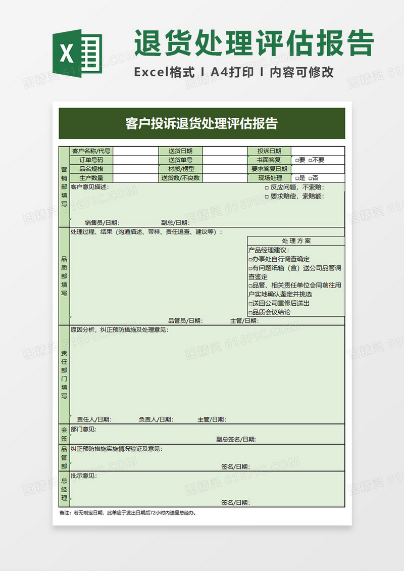 客户投诉退货处理评估报告excel模板
