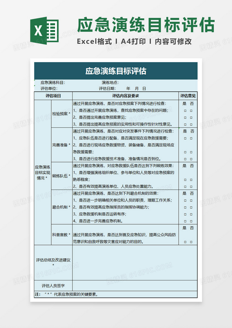 应急演练目标评估excel模板