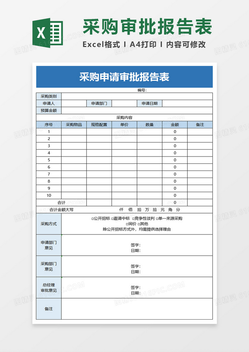 采购申请审批报告表excel模板