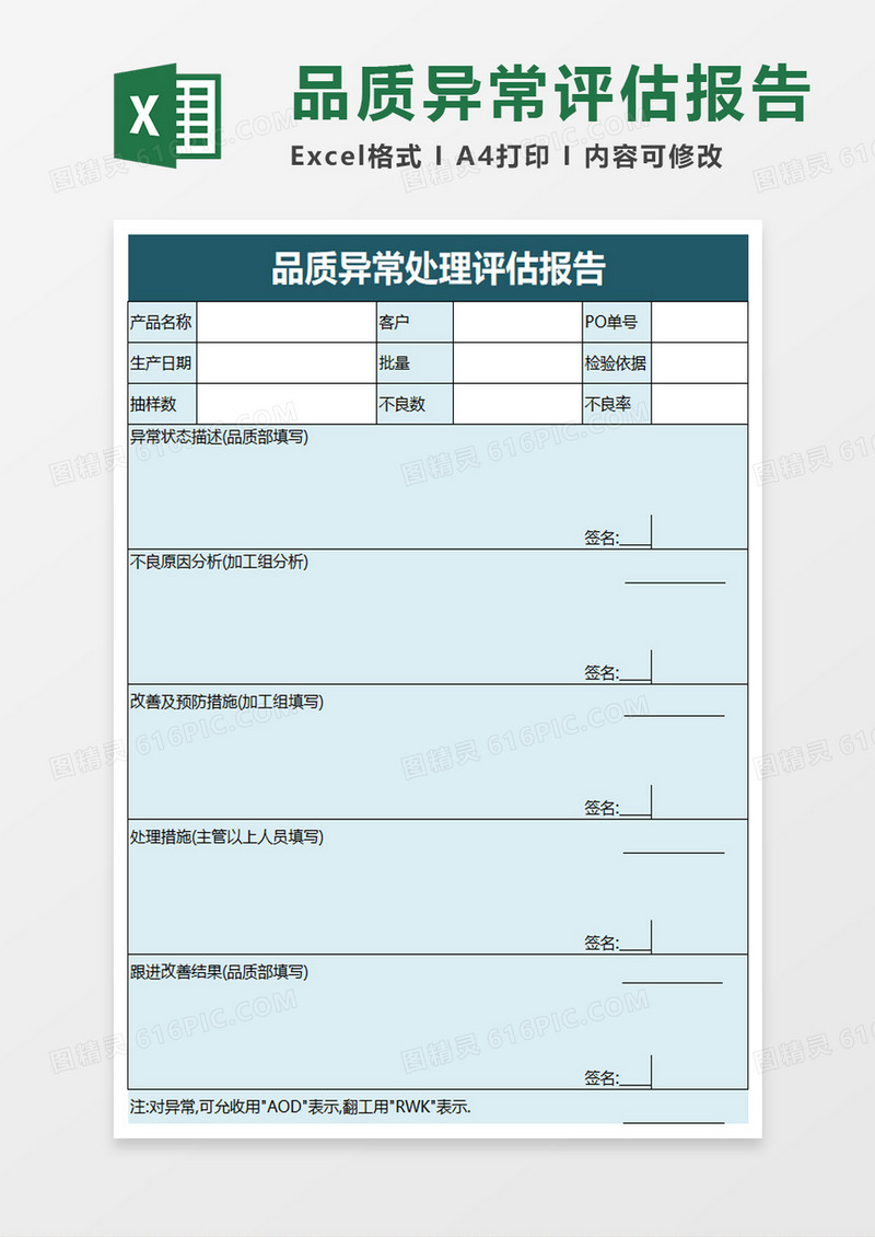 品质异常处理评估报告excel模板