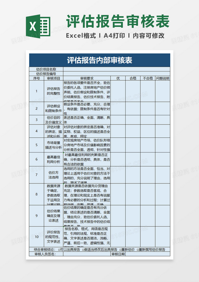 评估报告内部审核表excel模板