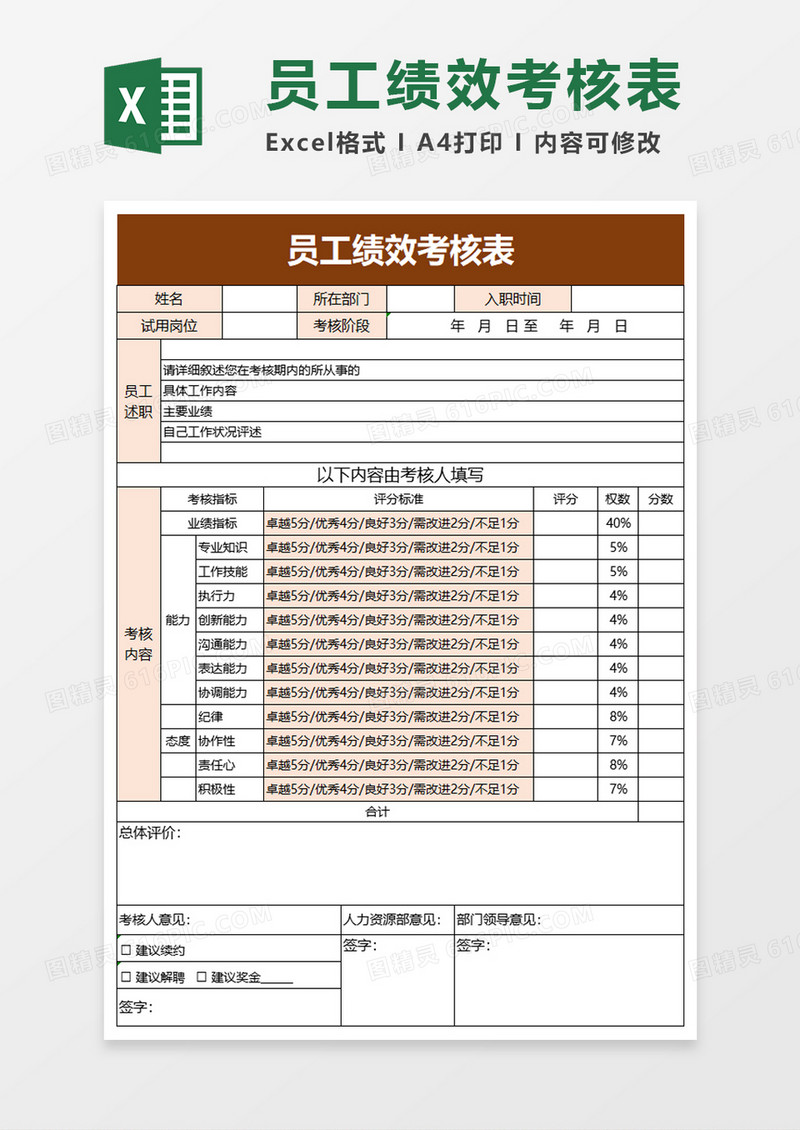 简约员工绩效考核表excel模板