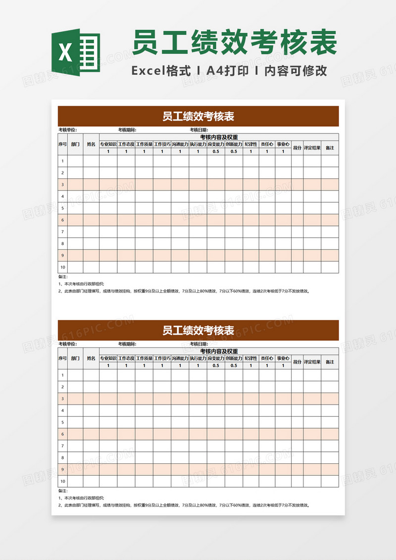 简单简洁企业员工绩效考核表excel模板