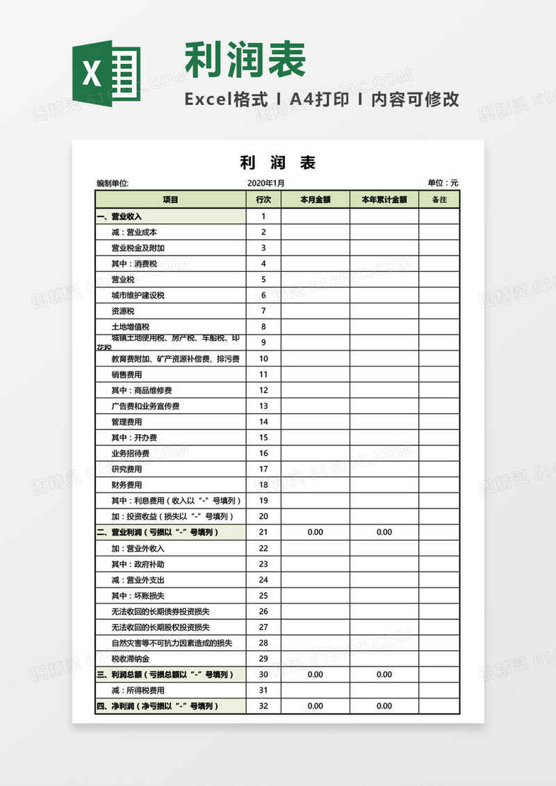 财务利润表通用Excel模板
