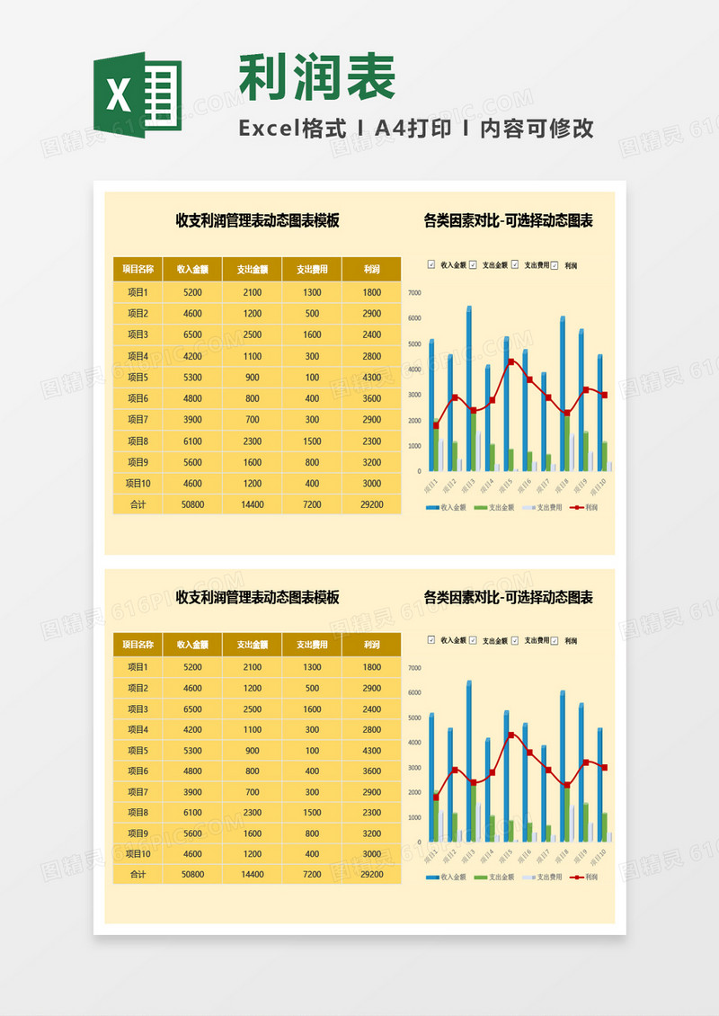 收支利润管理表动态图表Excel模板