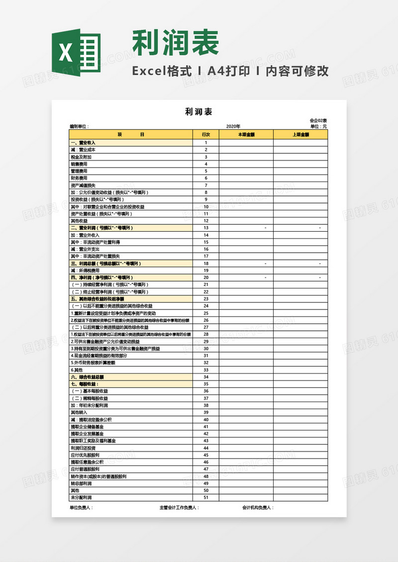 企业最新利润表-带公式Excel模板