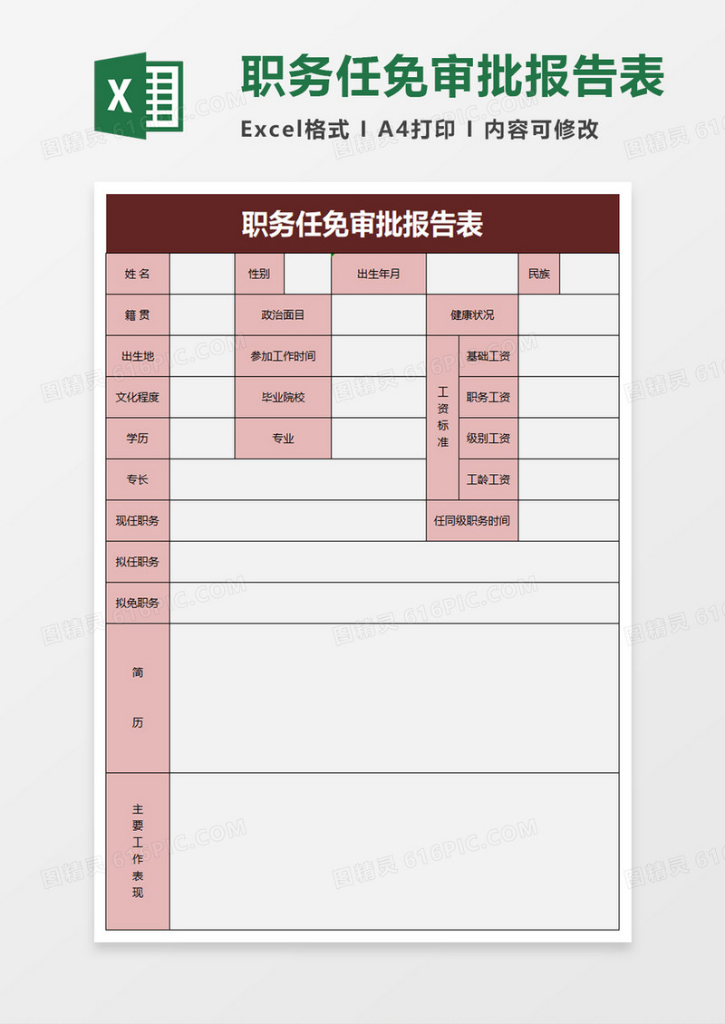 职务任免审批报告表excel模板