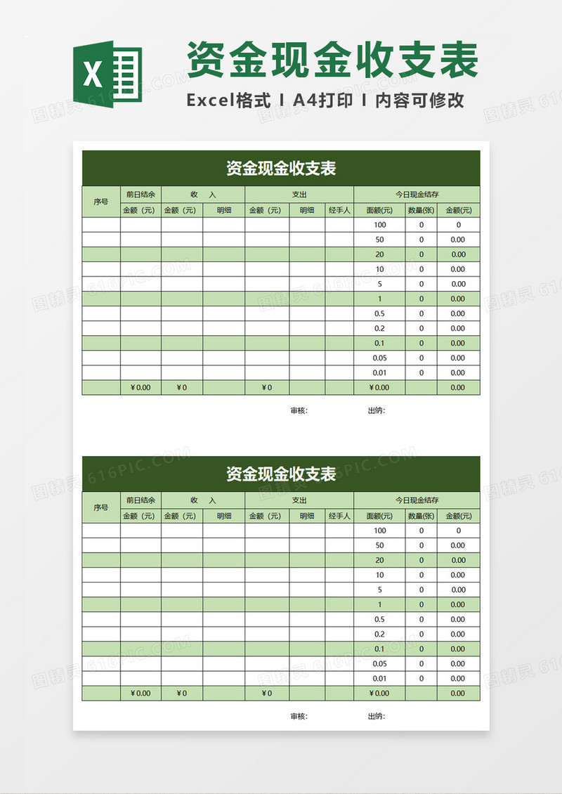 资金现金收支表excel模板