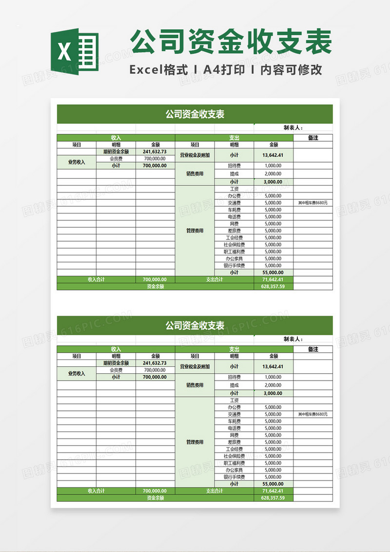 公司资金收支表excel模板