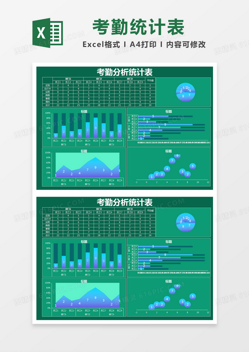 绿色简约考勤分析统计表excel模版