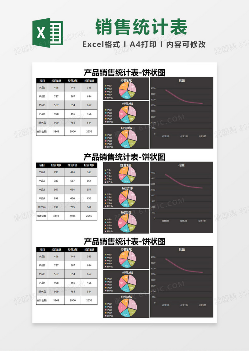 黑色简约产品销售统计表-饼状图excel模版