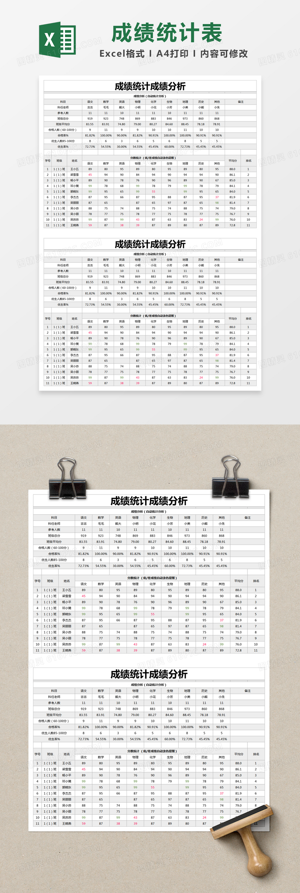 灰色简约成绩统计成绩分析统计表excel模版