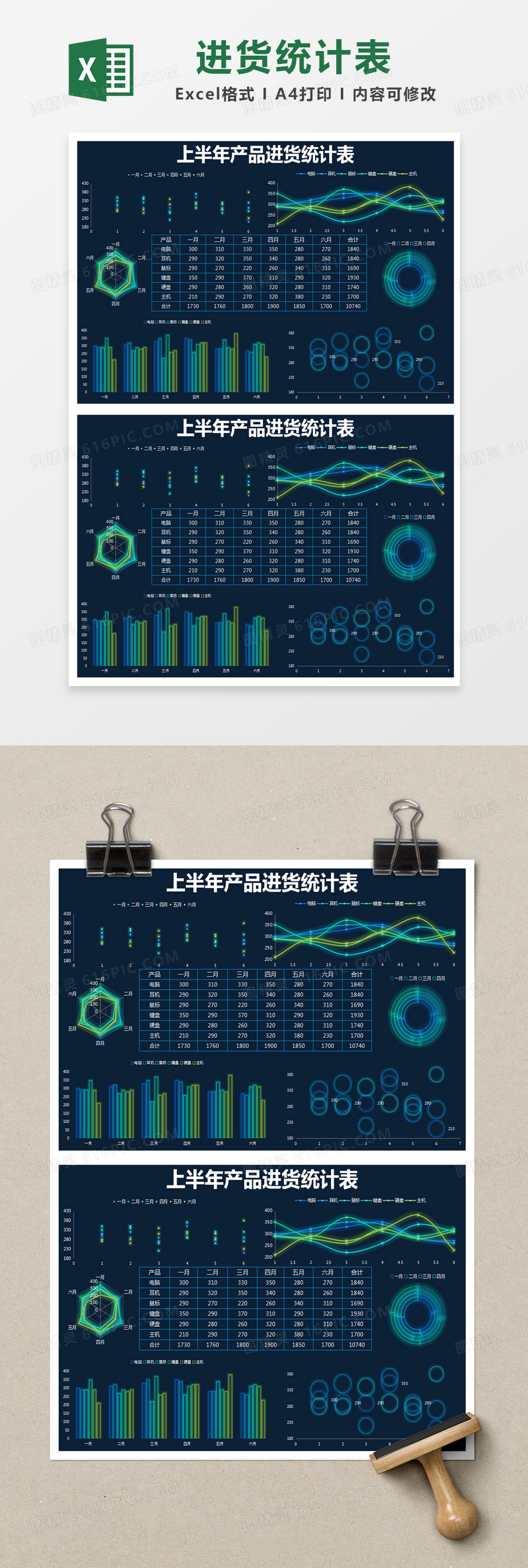 蓝色简约上半年产品进货统计表excel模版