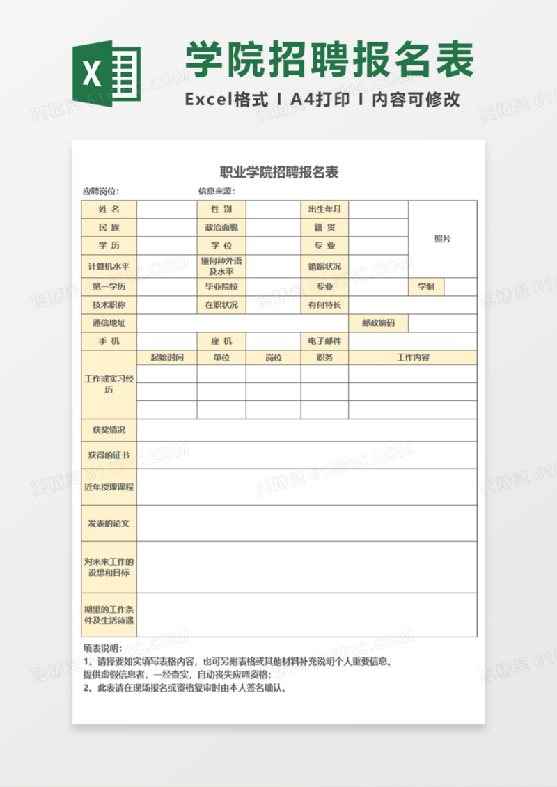 职业学院招聘报名表Execl模板