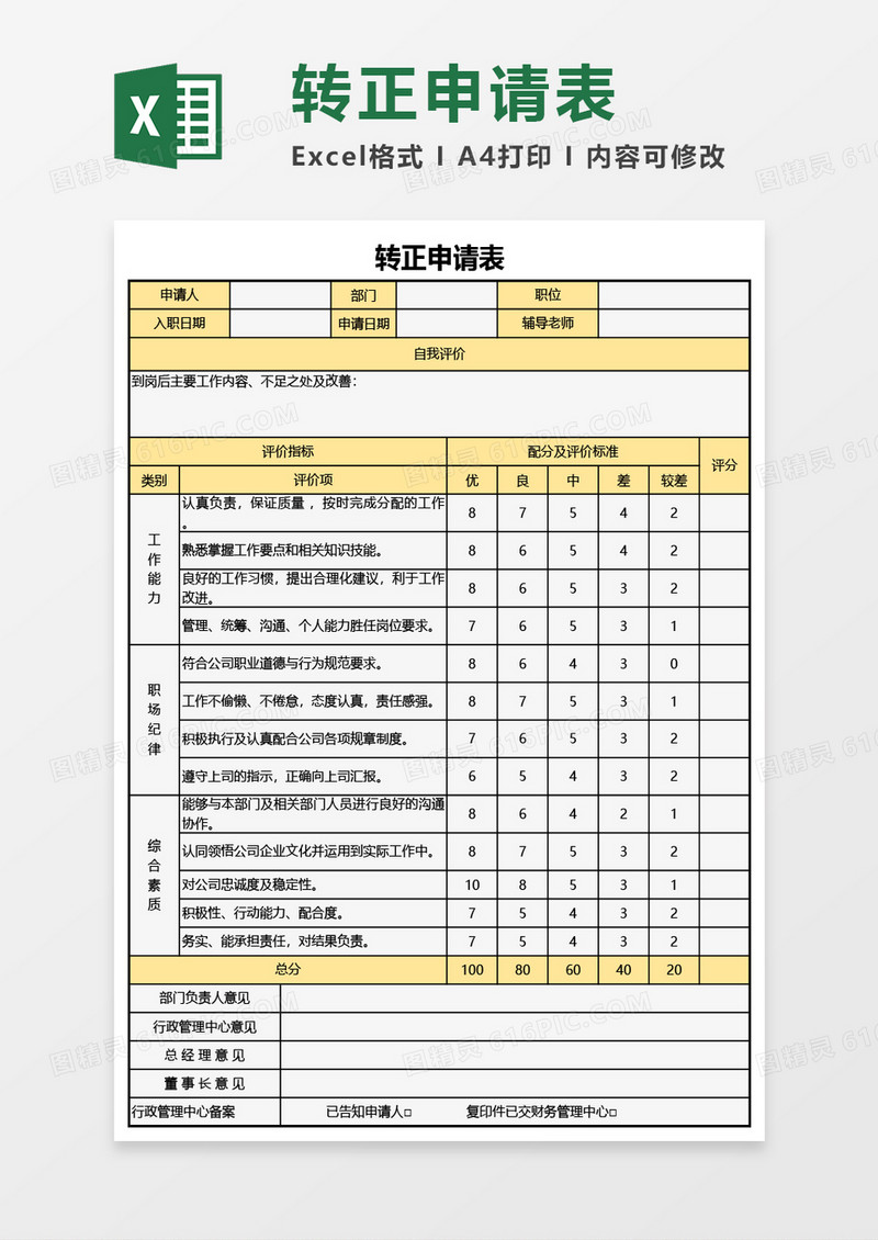 转正申请表实用Excel模板
