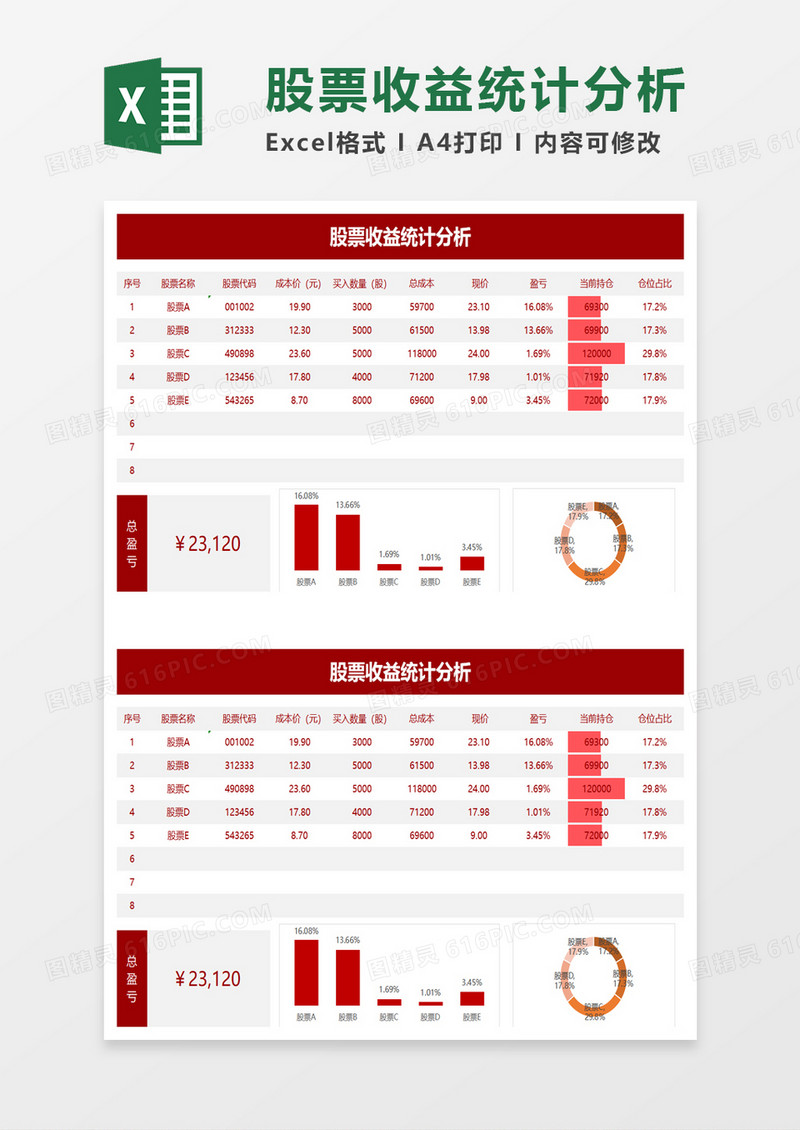 简洁股票收益统计分析execl模板