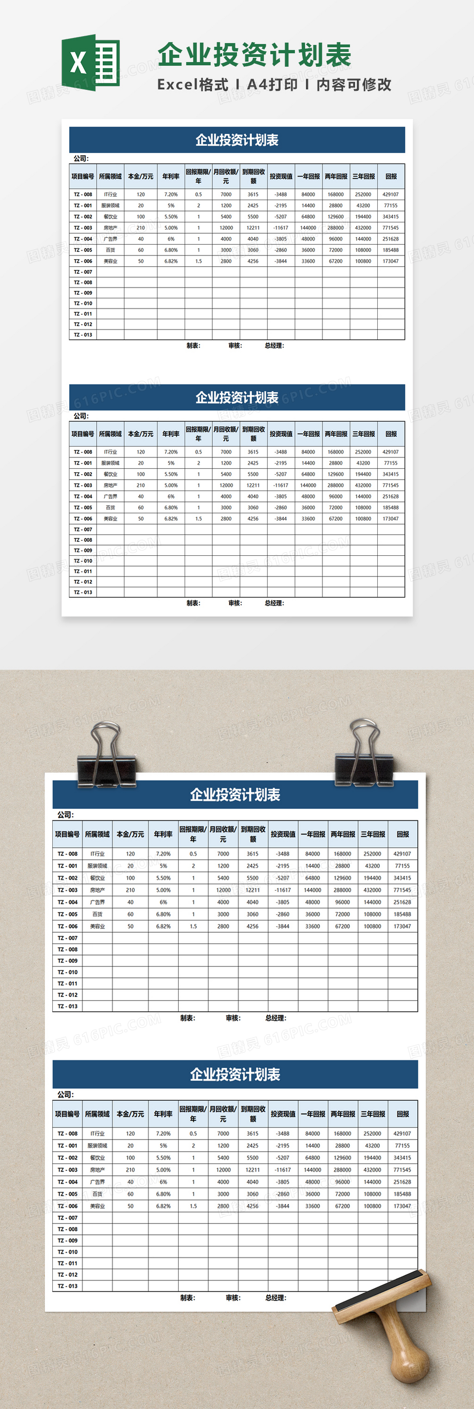 企业投资计划表excel模板