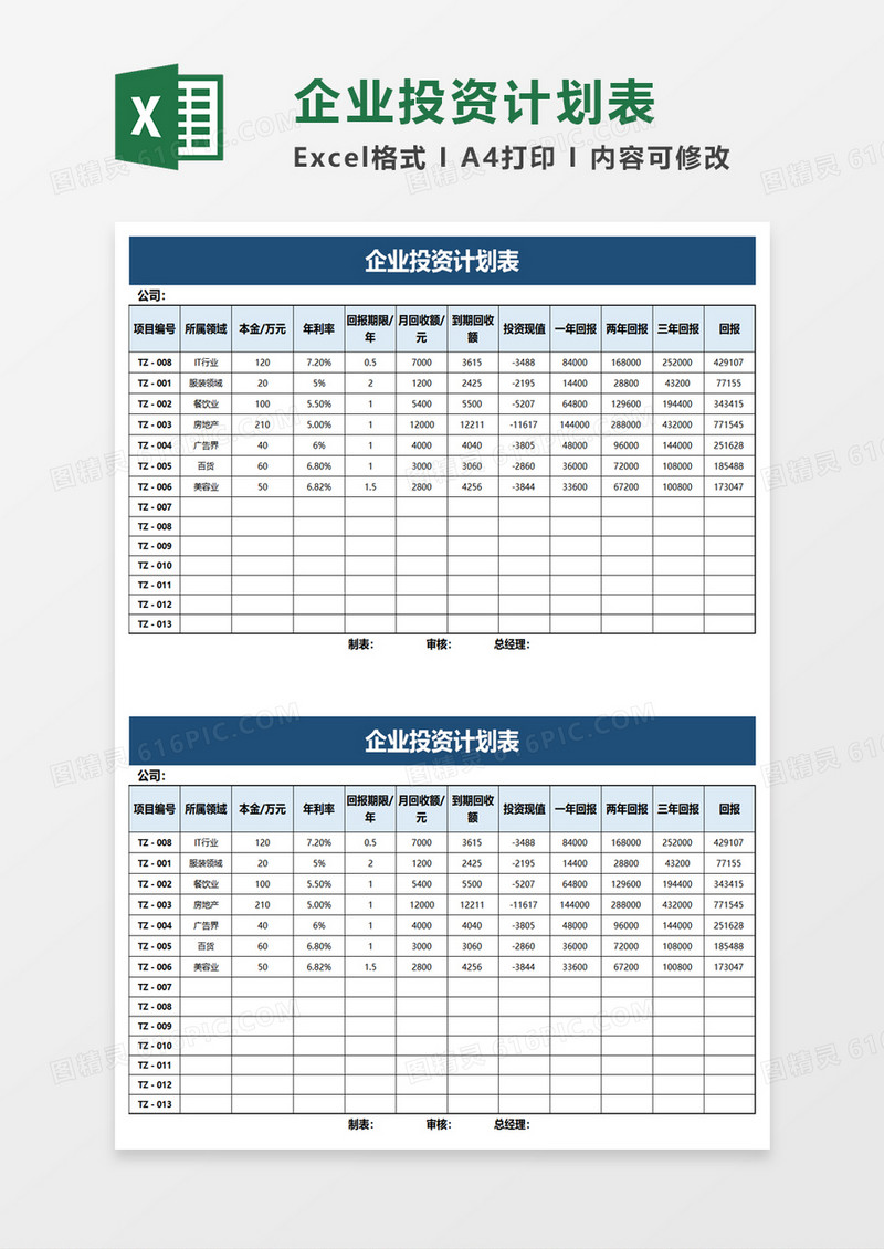 企业投资计划表excel模板