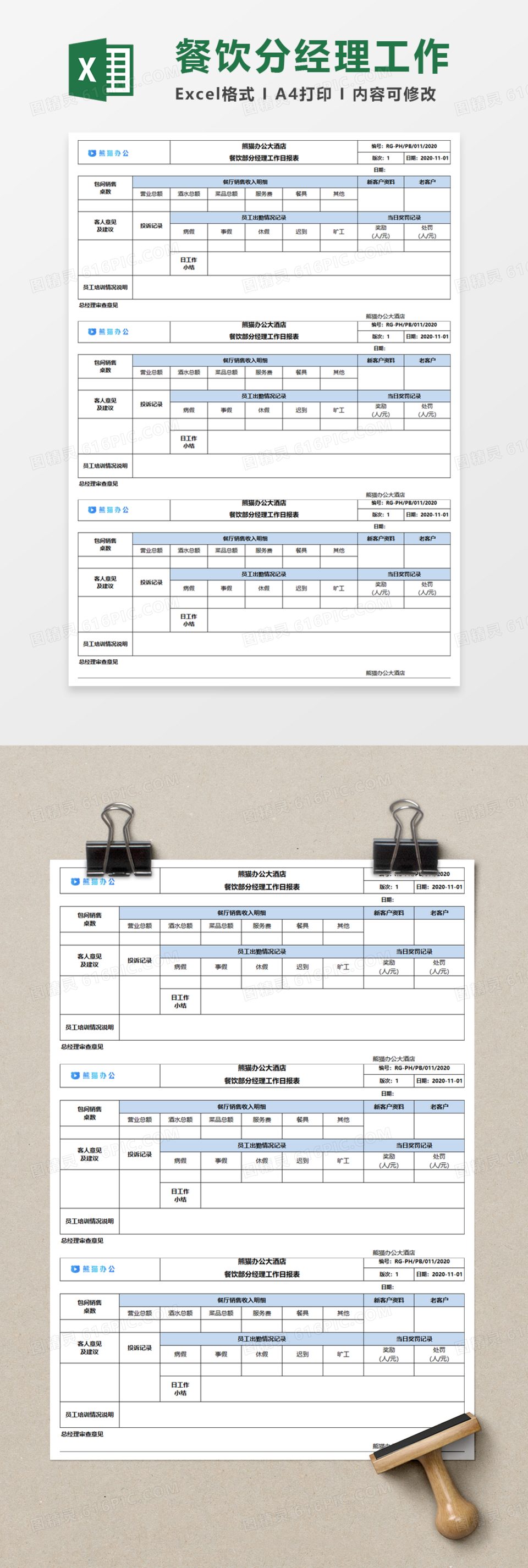 餐饮部分经理工作日报表Execl模板