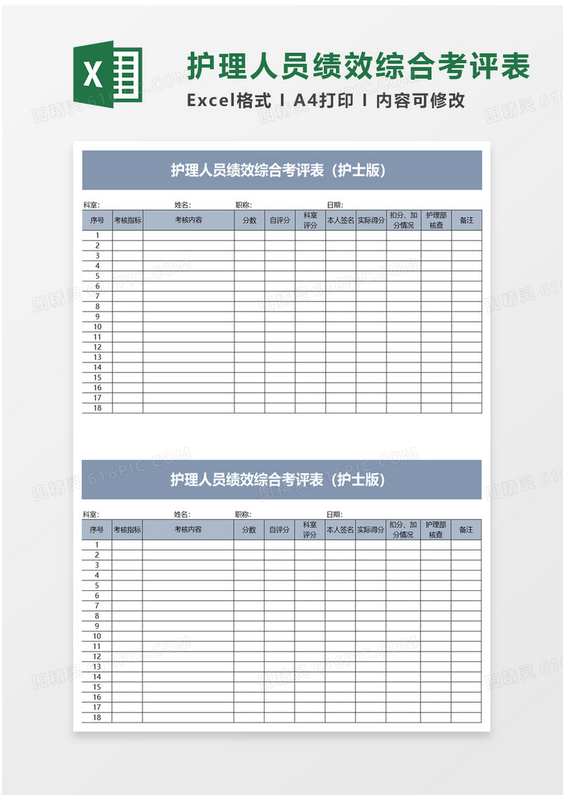 通用护理人员绩效综合考评表excel模板