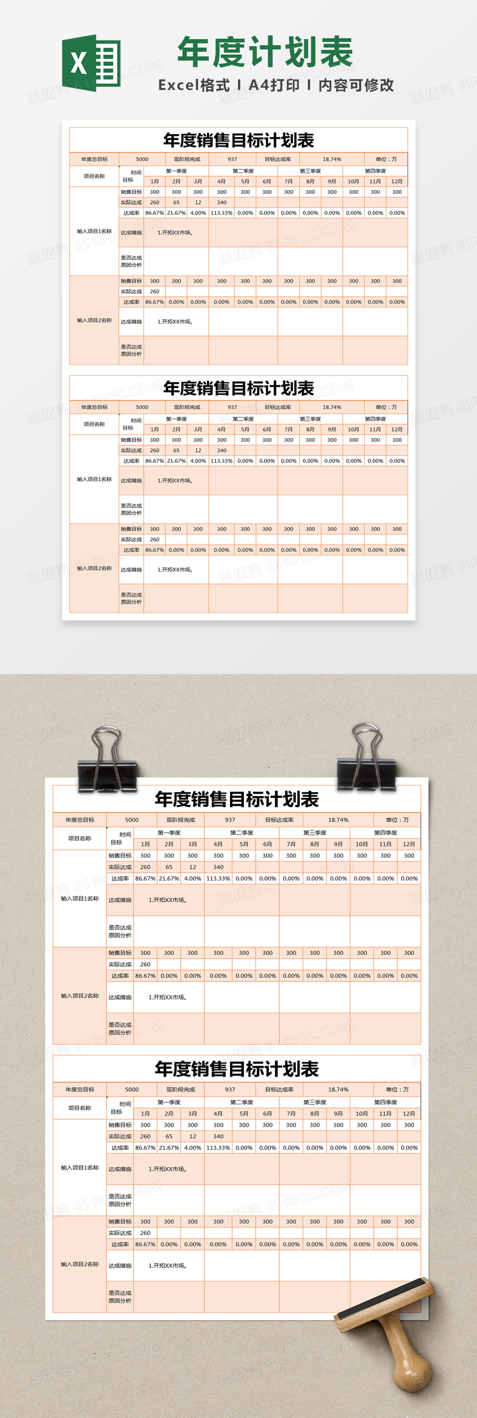 橙色简约年度销售目标计划表excel模版