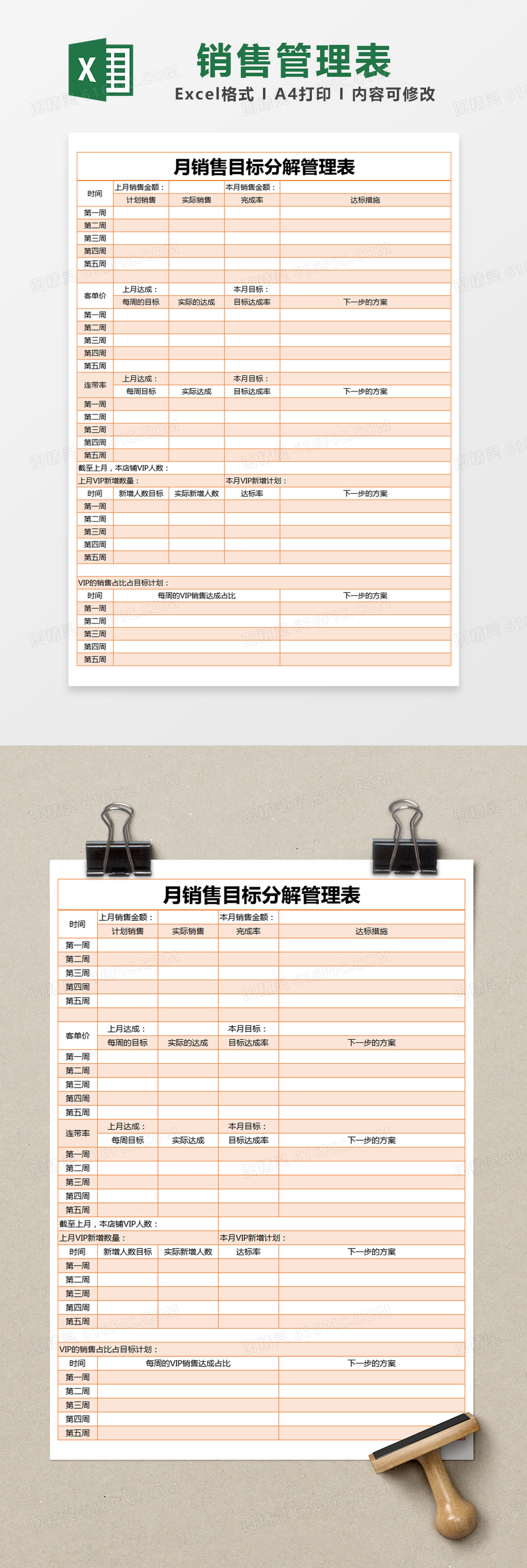 橙色简约月销售目标分解管理表excel模版 