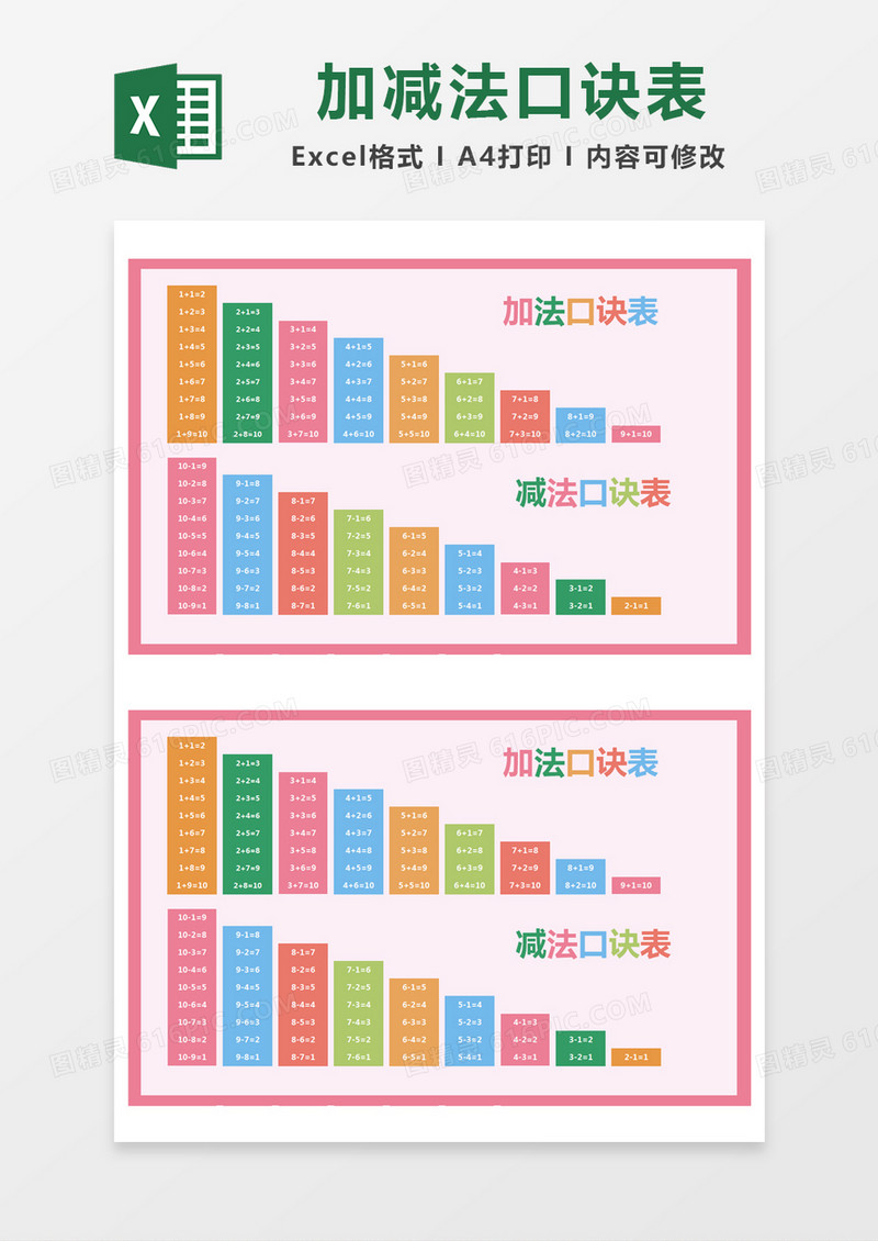 简约加减法口诀excel模版