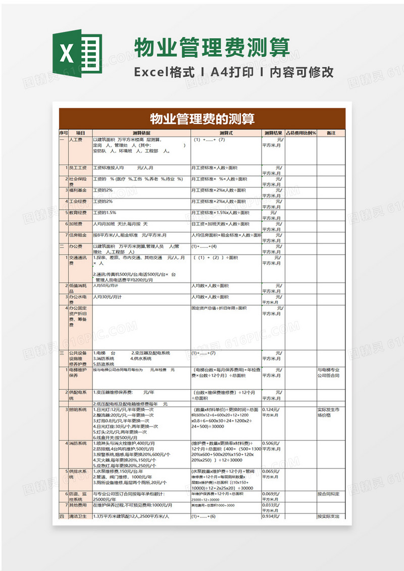 物业管理费的测算excel模板