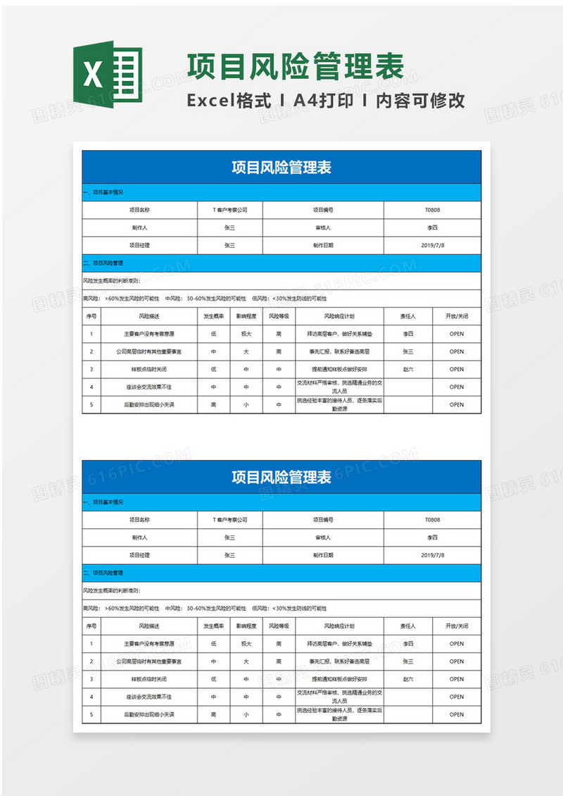 项目风险管理表excel模板