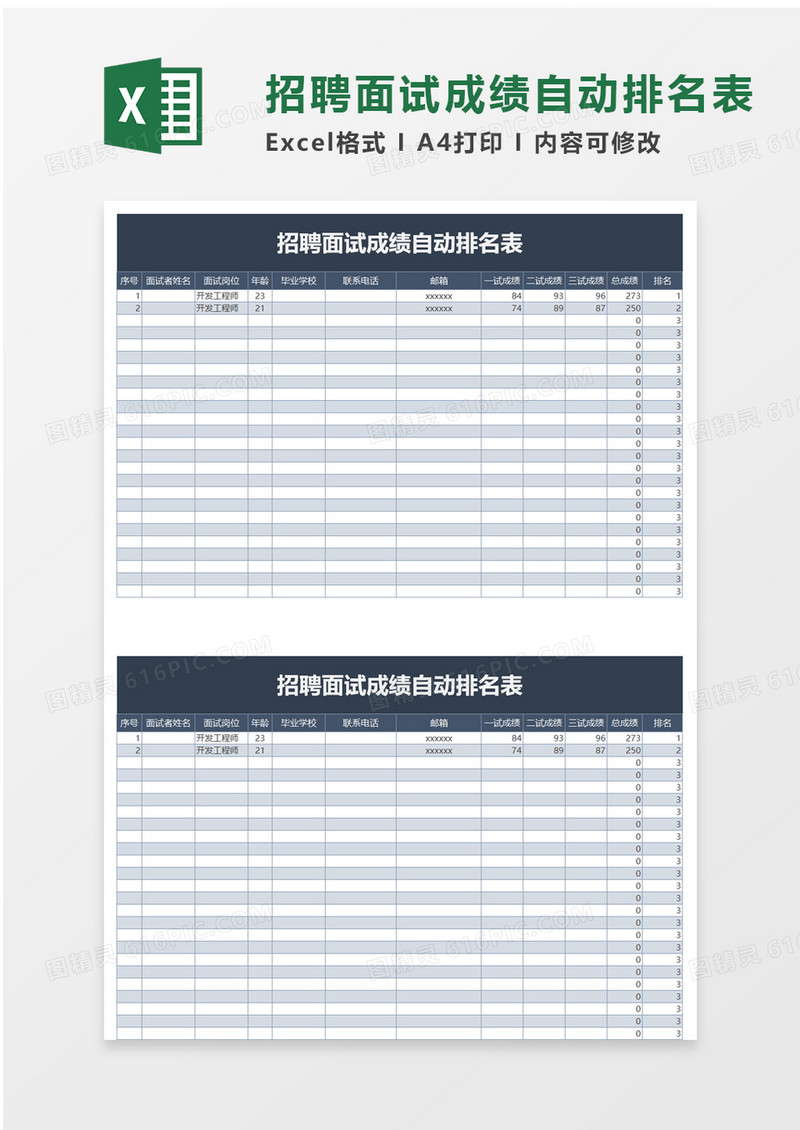 招聘面试成绩自动排名表excel模板