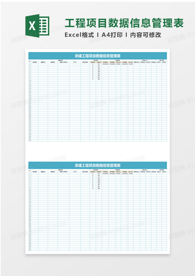 项目承建工程项目数据信息管理表excel模板