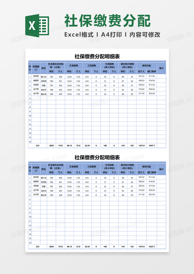 社保缴费分配明细表Execl模板