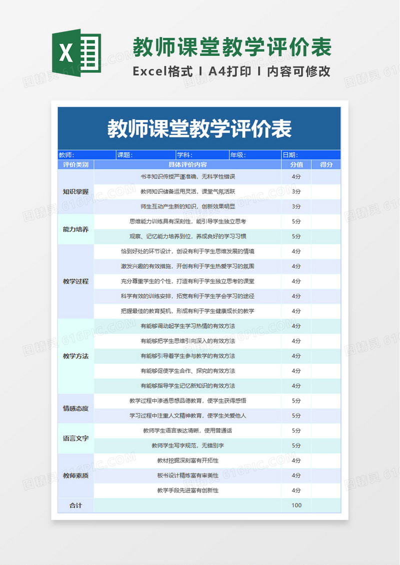 教师课堂教学评价表Excel模板