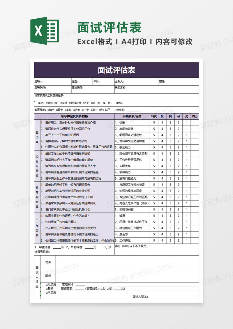 简洁面试评估表excel模板