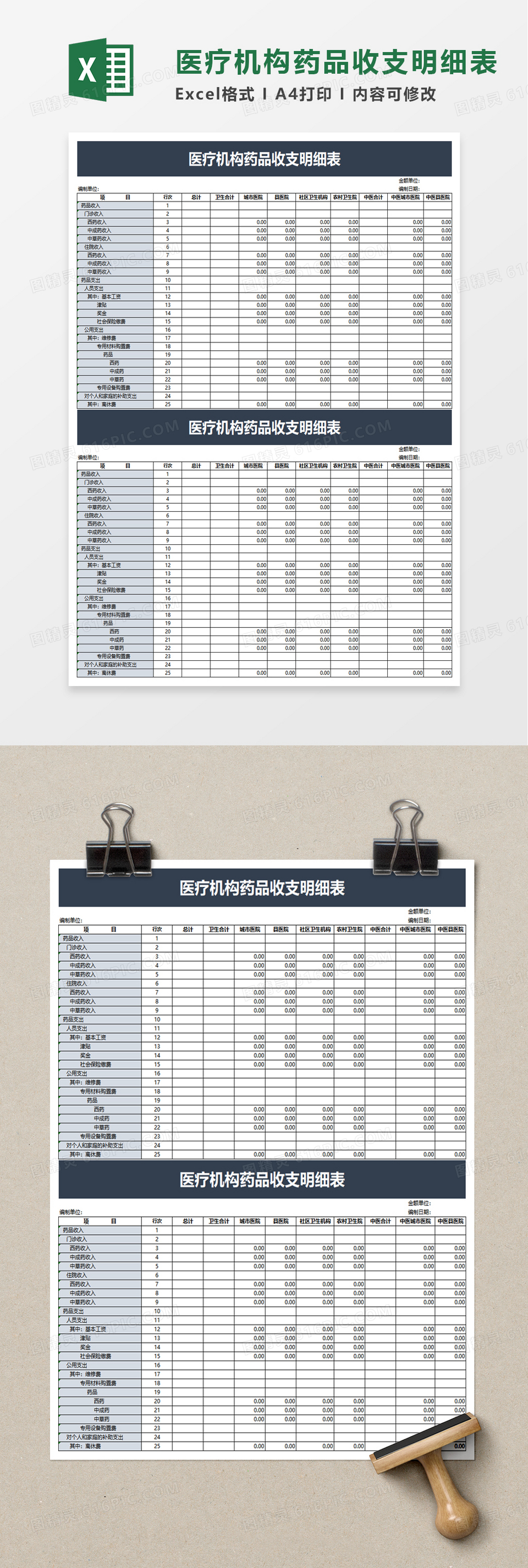 简洁医疗机构药品收支明细表excel模板