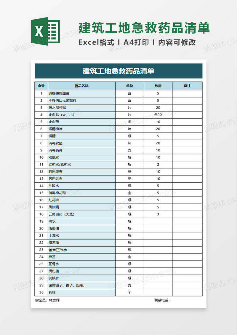 建筑工地急救药品清单excel模板