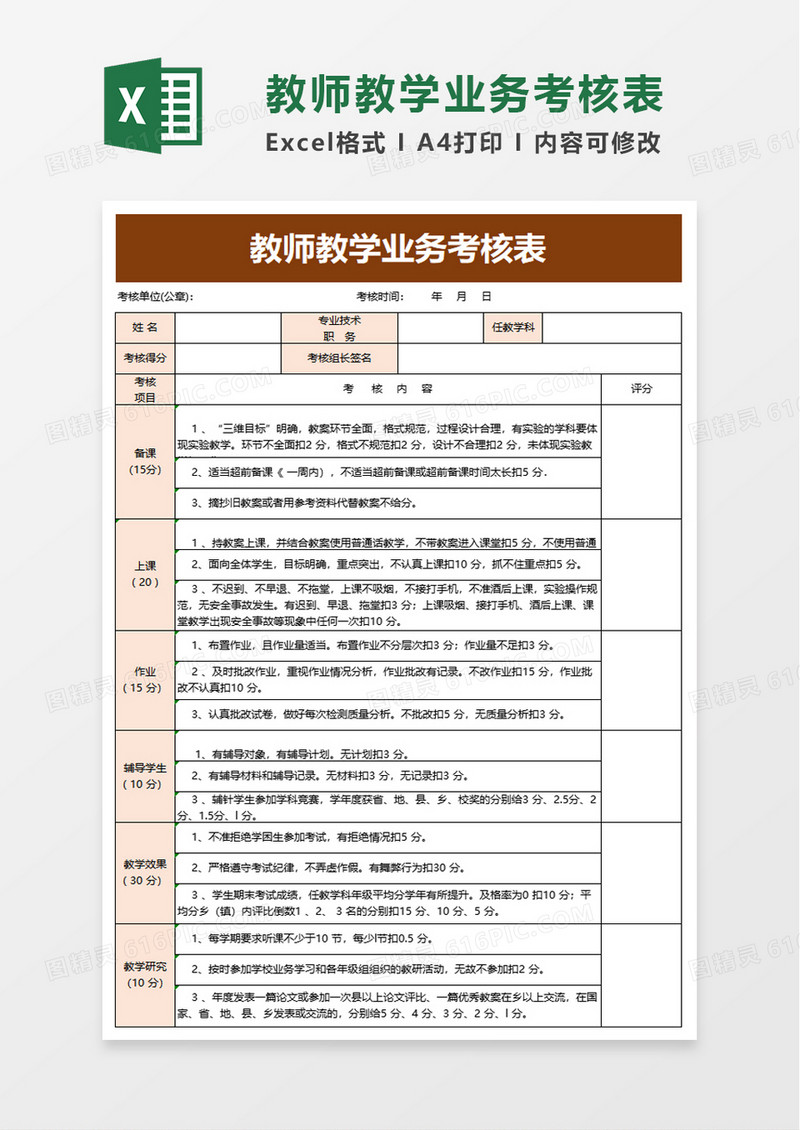 教师教学业务考核表excel模板