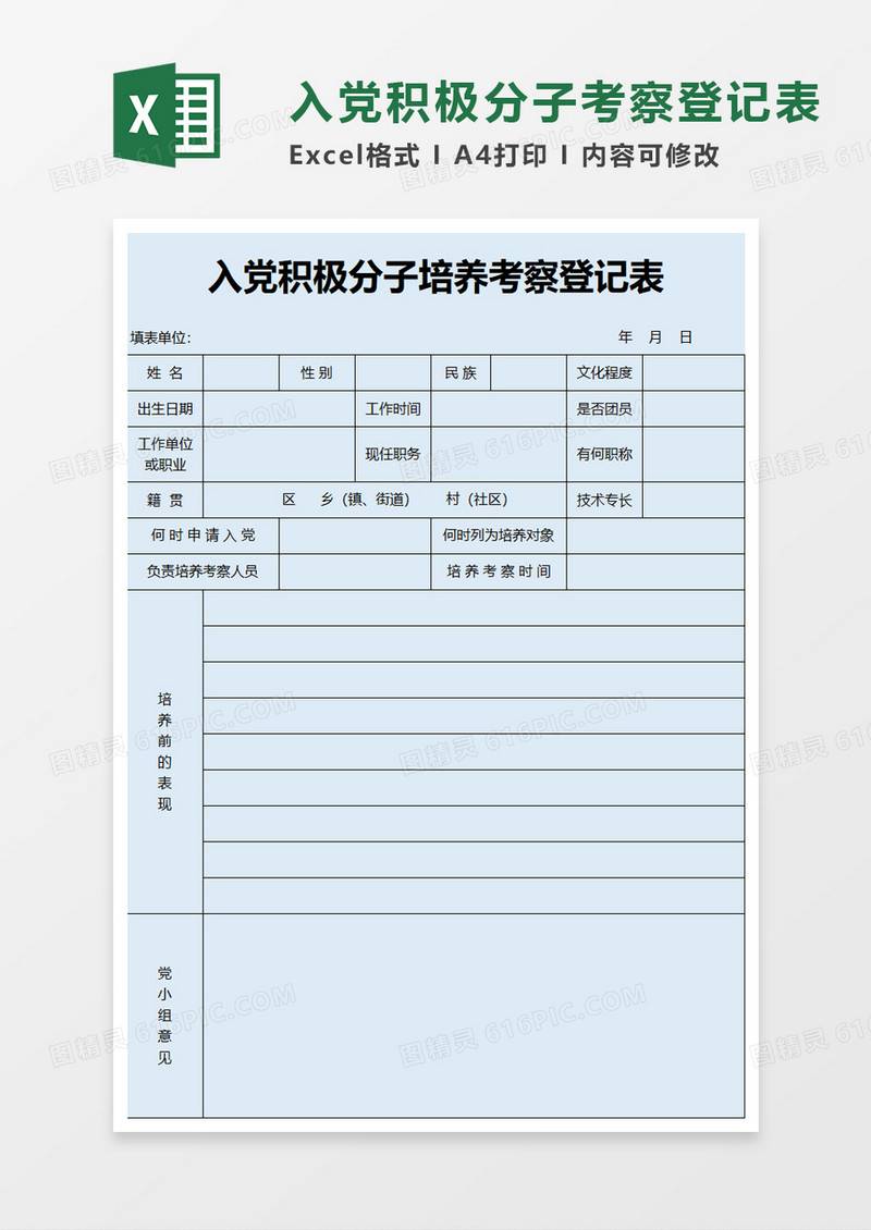 入党积极分子培养考察登记表excel模板