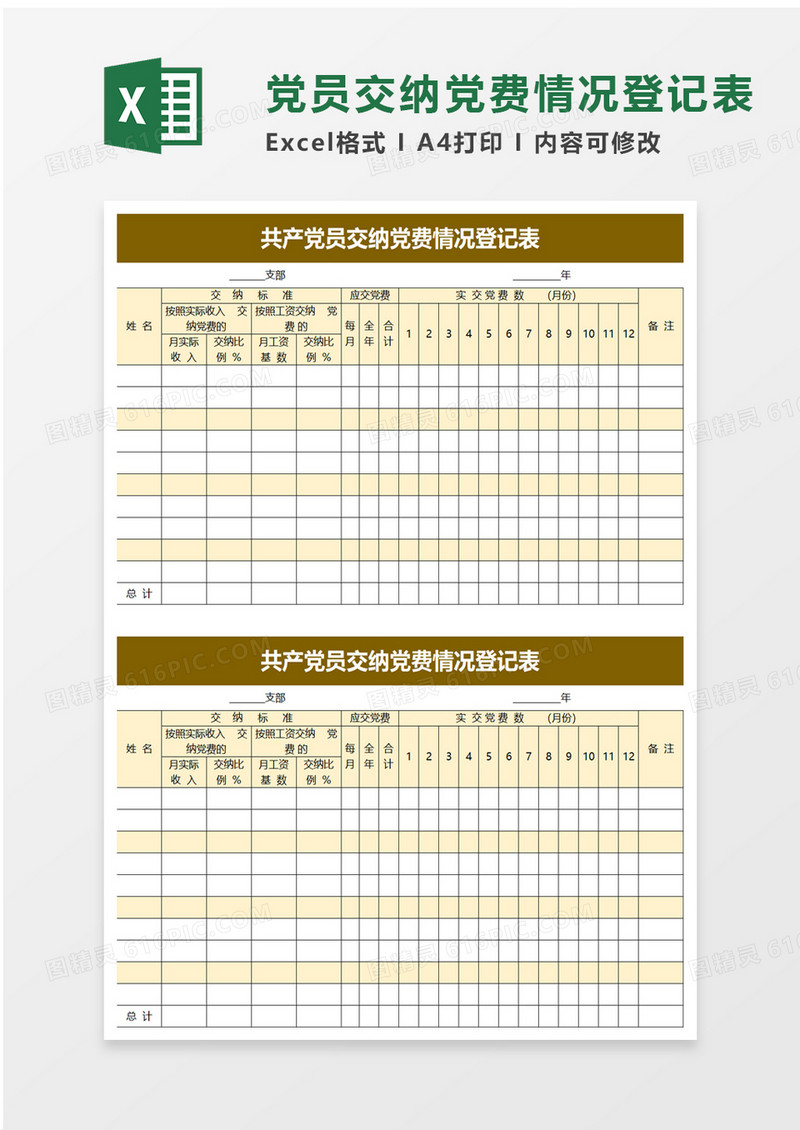 共产党员交纳党费情况登记表excel模板