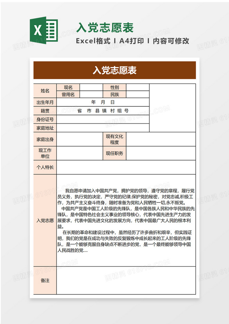 入党志愿表excel模板