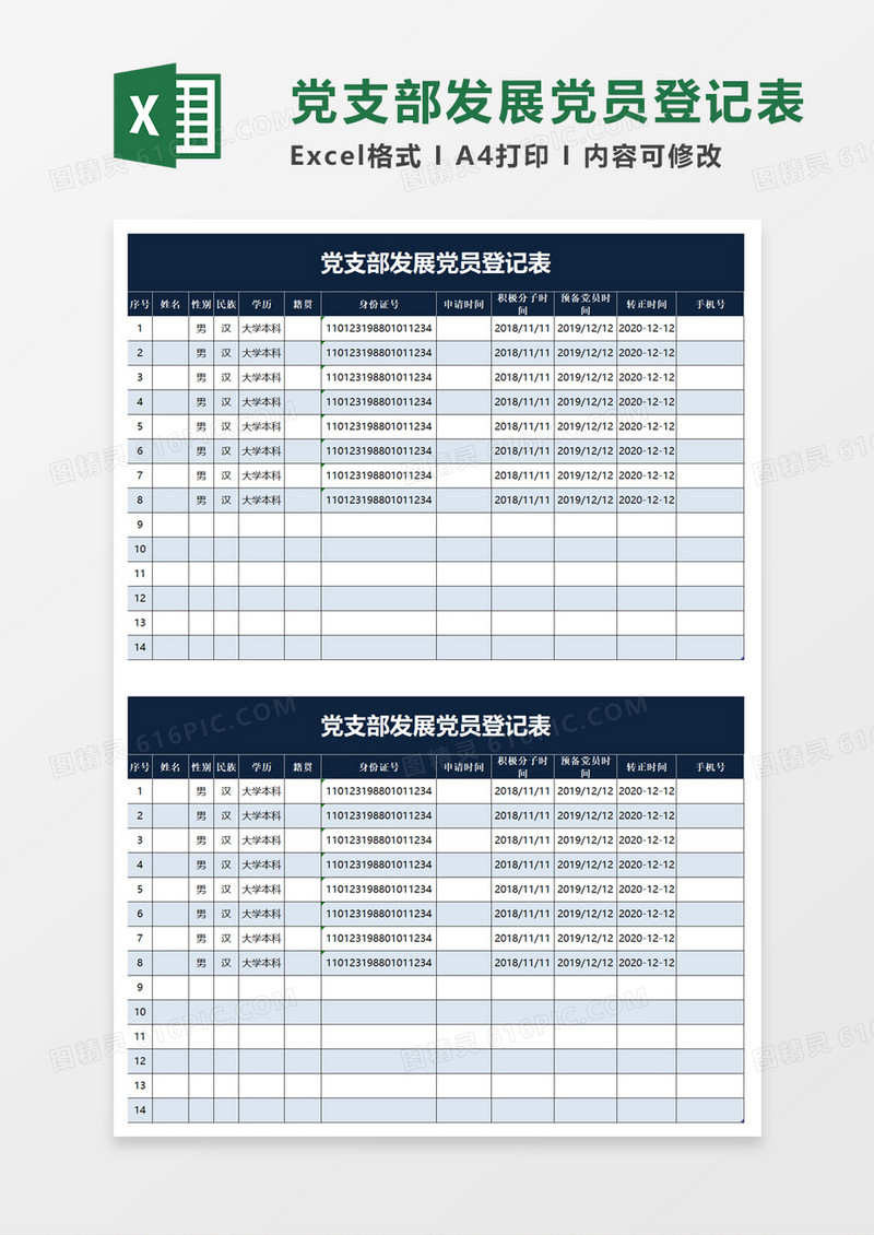 党支部发展党员登记表excel模板