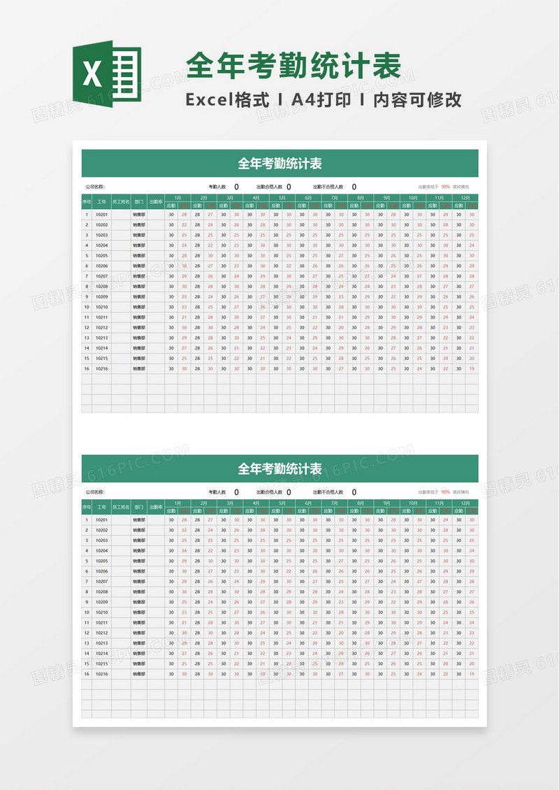 全年考勤统计表excel模板