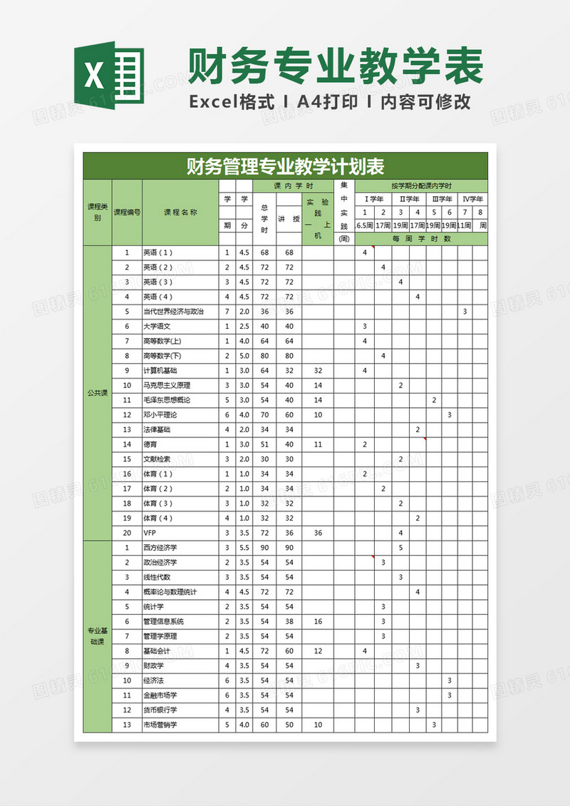 绿色简约财务管理专业教学计划表excel模版
