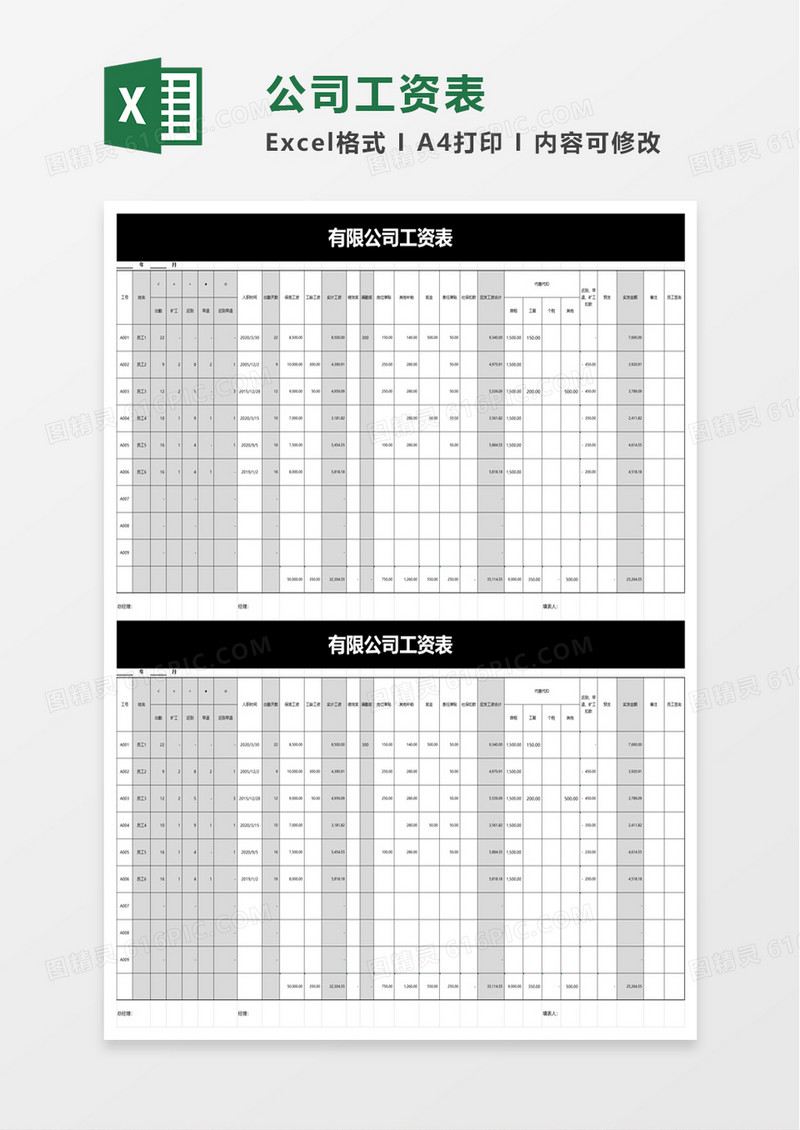 公司工资表excel模板